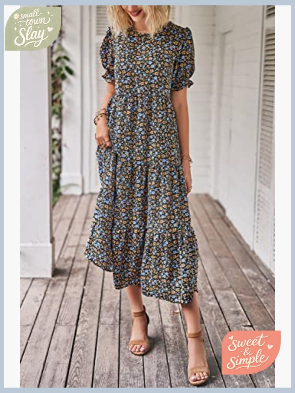 Summer Floral Midi Sun Dress Puff Short Sleeve Flowy Beach Vacation - Picture 2 of 7